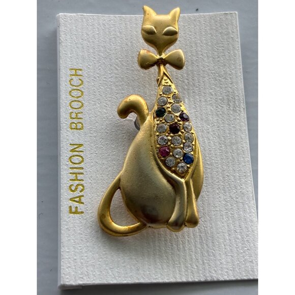 Cat Brooch With Multicolor Rhinestones Gold-Tone Metal Fashion Accessory Made In - Picture 1 of 4